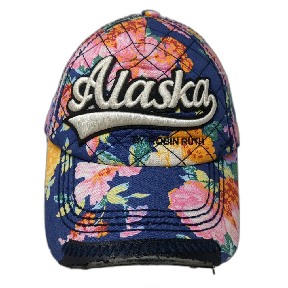 Robin Ruth 5 Panel Blue One Size Hat Alaska Floral Quilted Frayed Strapback